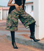 Women Pearl Rhinestone Camouflage American Cargo Denim Shorts