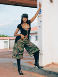 Women Pearl Rhinestone Camouflage American Cargo Denim Shorts