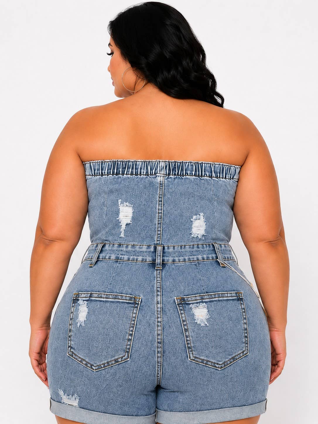 Plus size Tube Top Vintage Stretch Denim Cargo Short Rompers