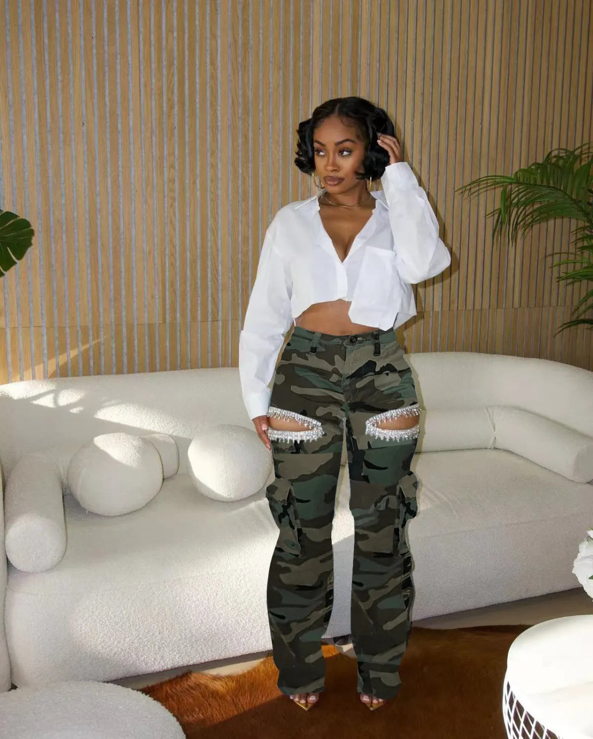 Fashionable Women's Multi-Pocket Cut Out Diamond Denim Pants