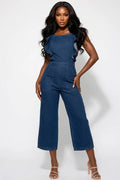RUFFLE OPEN BACK WIDE LEG DENIM JUMPSUIT