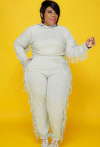 Autumn Plus Size Black Tassels Hoody Top and Pants Sweatsuit