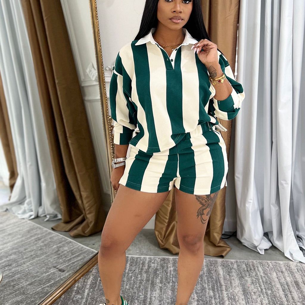 Women Summer Casual Striped Turndown Collar Top and Shorts Two-Piece Set