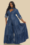 Dark Washed Denim Long Sleeve Open Back Jumpsuit