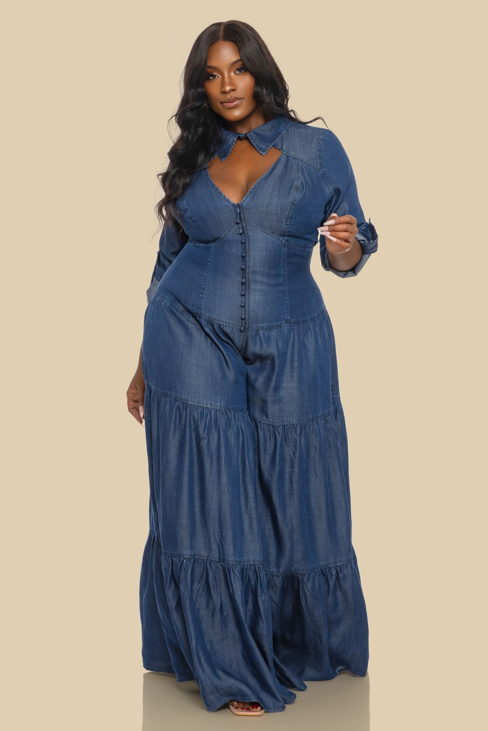 Dark Washed Denim Long Sleeve Open Back Jumpsuit