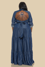 Dark Washed Denim Long Sleeve Open Back Jumpsuit
