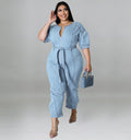 Plus Size Women summer short-sleeved zipper Denim Jumpsuit