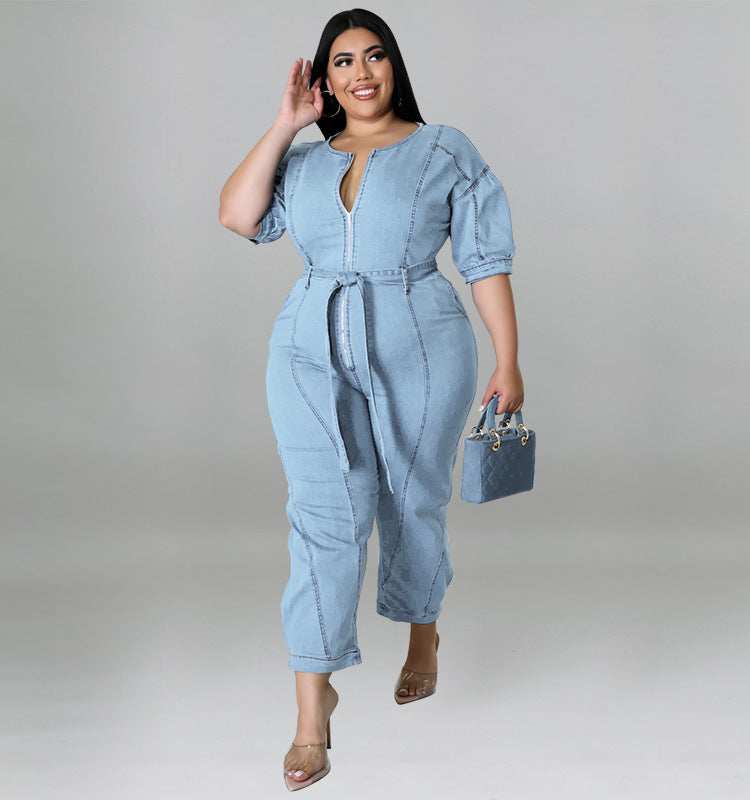 Plus Size Women summer short-sleeved zipper Denim Jumpsuit