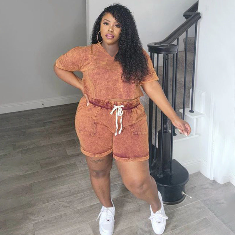Plus Size Women Print Stretch Short Sleeve Top and Shorts Casual Two-Piece Set