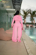 Women Casual Long Sleeve Zipper Top and Wide-Leg Pants Two-Piece Set