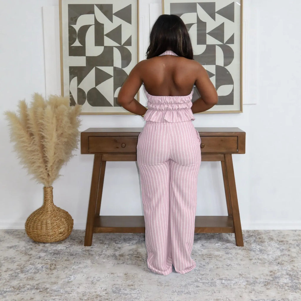 Women Elegant Halter Neck Belted Backless Top and Pant Two-Piece Set