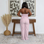 Women Elegant Halter Neck Belted Backless Top and Pant Two-Piece Set