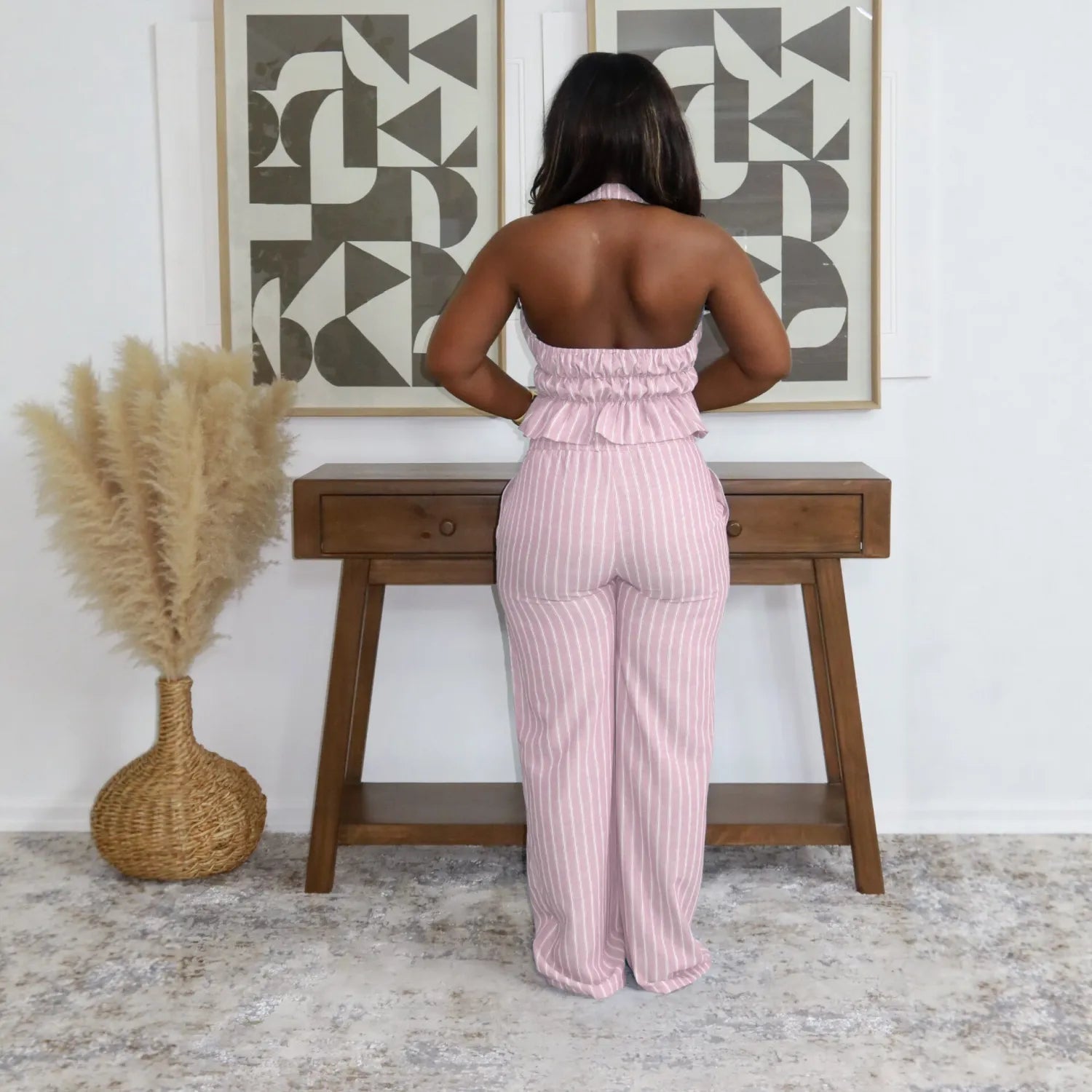 Women Elegant Halter Neck Belted Backless Top and Pant Two-Piece Set