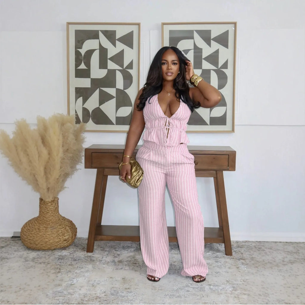 Women Elegant Halter Neck Belted Backless Top and Pant Two-Piece Set