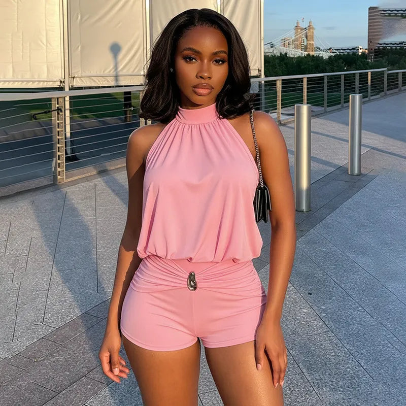 Women Halter Neck Tie-Waist Ruffled Backless Romper