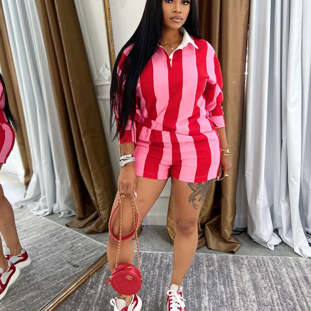Women Summer Casual Striped Turndown Collar Top and Shorts Two-Piece Set