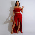 Women Strapless Top and Slit Wide Leg Pants Two-Piece Set