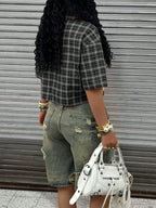 Women Casual Turndown Collar Letter Print Contrast T-Shirt