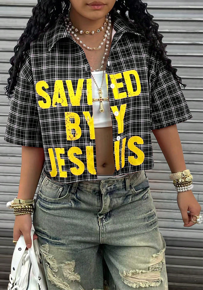 Women Casual Turndown Collar Letter Print Contrast T-Shirt