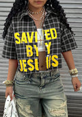 Women Casual Turndown Collar Letter Print Contrast T-Shirt