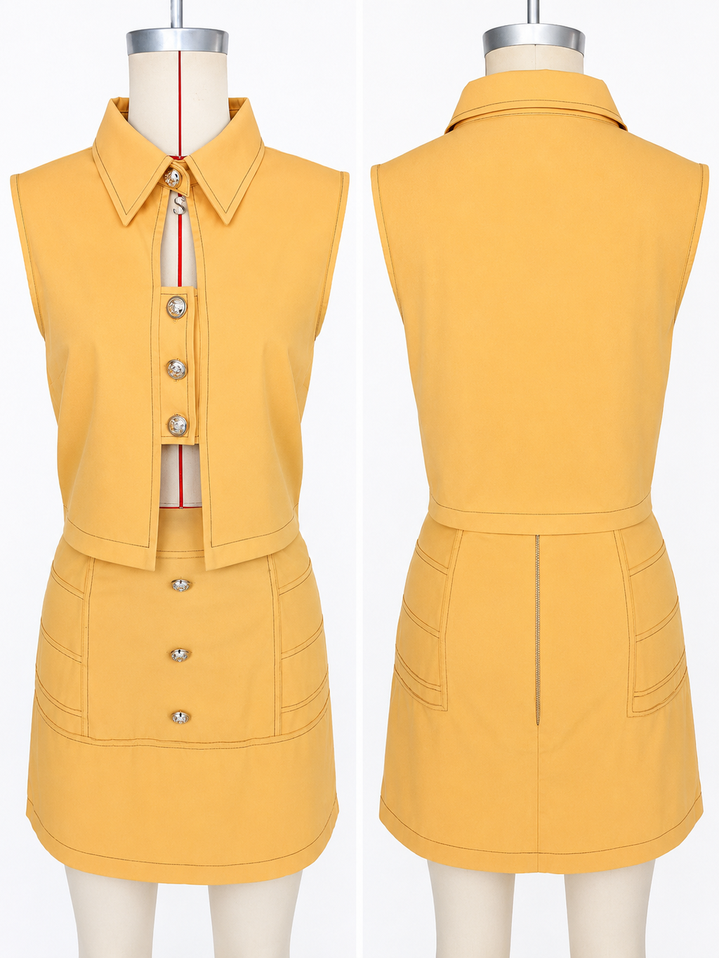 Summer Women's Casual Solid Sleeveless Button Neck Top & Back-Zip Mini Skirt Two-Piece Set