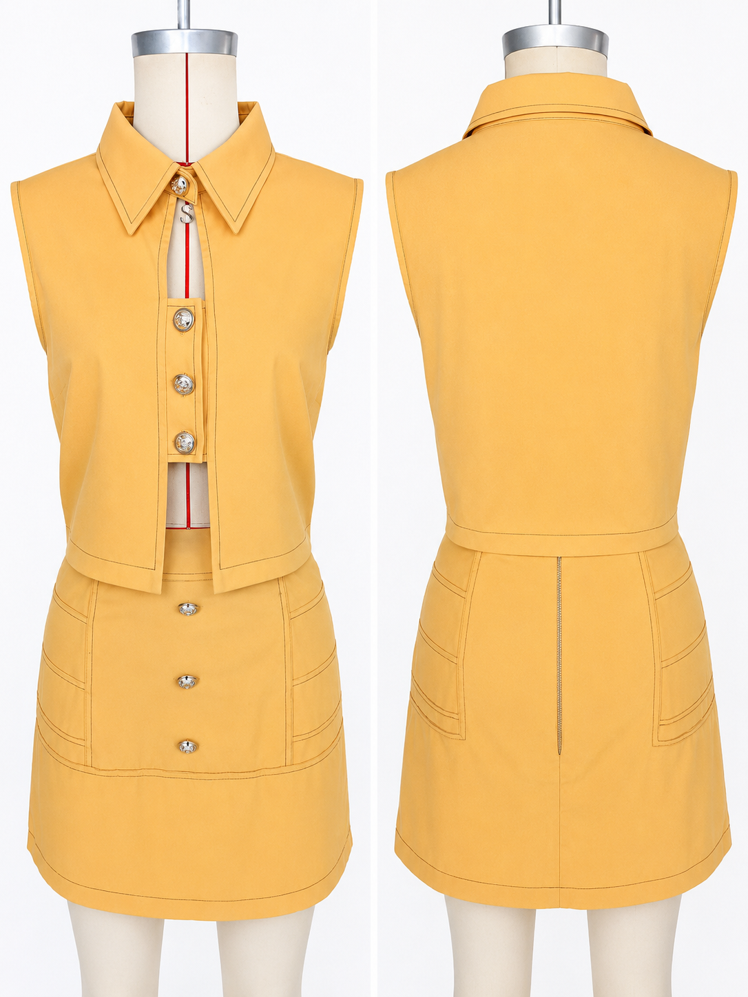 Summer Women's Casual Solid Sleeveless Button Neck Top & Back-Zip Mini Skirt Two-Piece Set