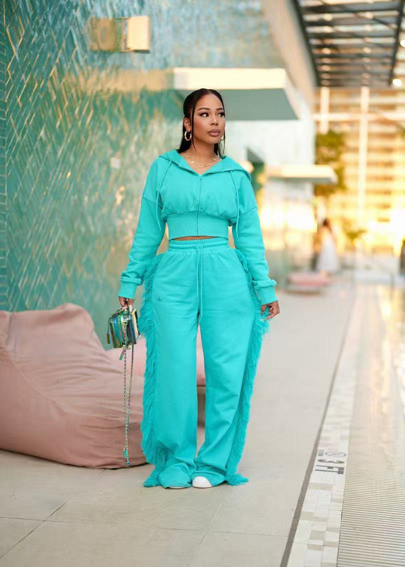 Women Casual Long Sleeve Zipper Top and Wide-Leg Pants Two-Piece Set