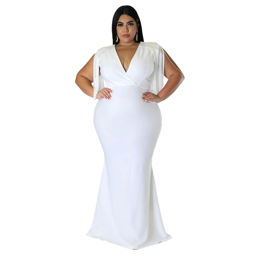 Plus Size Women Sexy V-Neck Sleeveless Fringe Dress