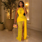Women Summer Lace Patchwork Halter Neck Slit Ribbon Dress