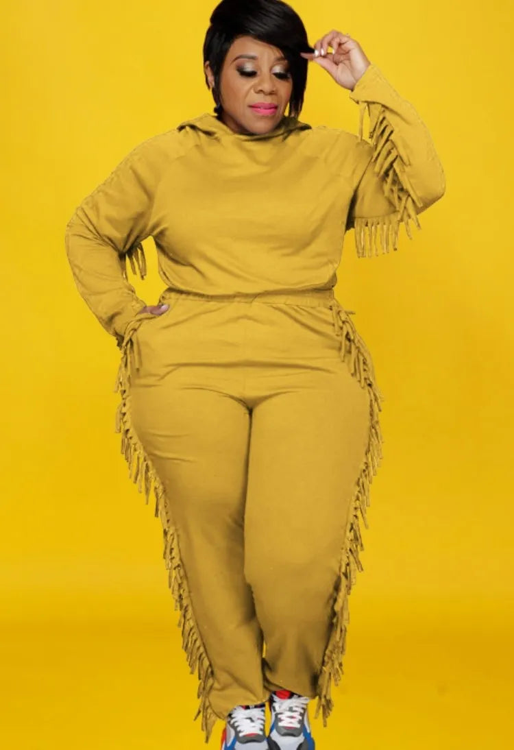 Autumn Plus Size Black Tassels Hoody Top and Pants Sweatsuit