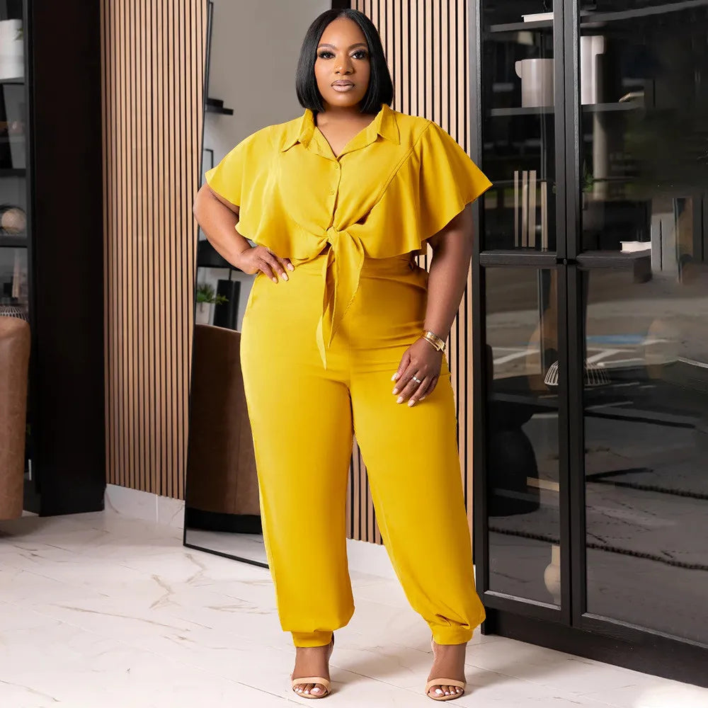 Plus Size Women Summer Button Tie Solid Top And Pant Casual Two-piece Set