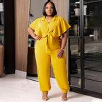 Plus Size Women Summer Button Tie Solid Top And Pant Casual Two-piece Set